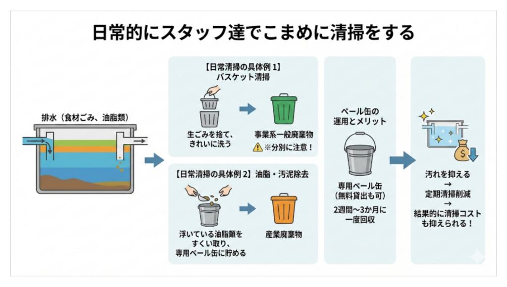 日常的にスタッフ達でこまめに清掃をする