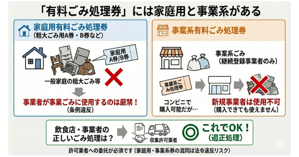 「有料ごみ処理券」には家庭用と事業系がある